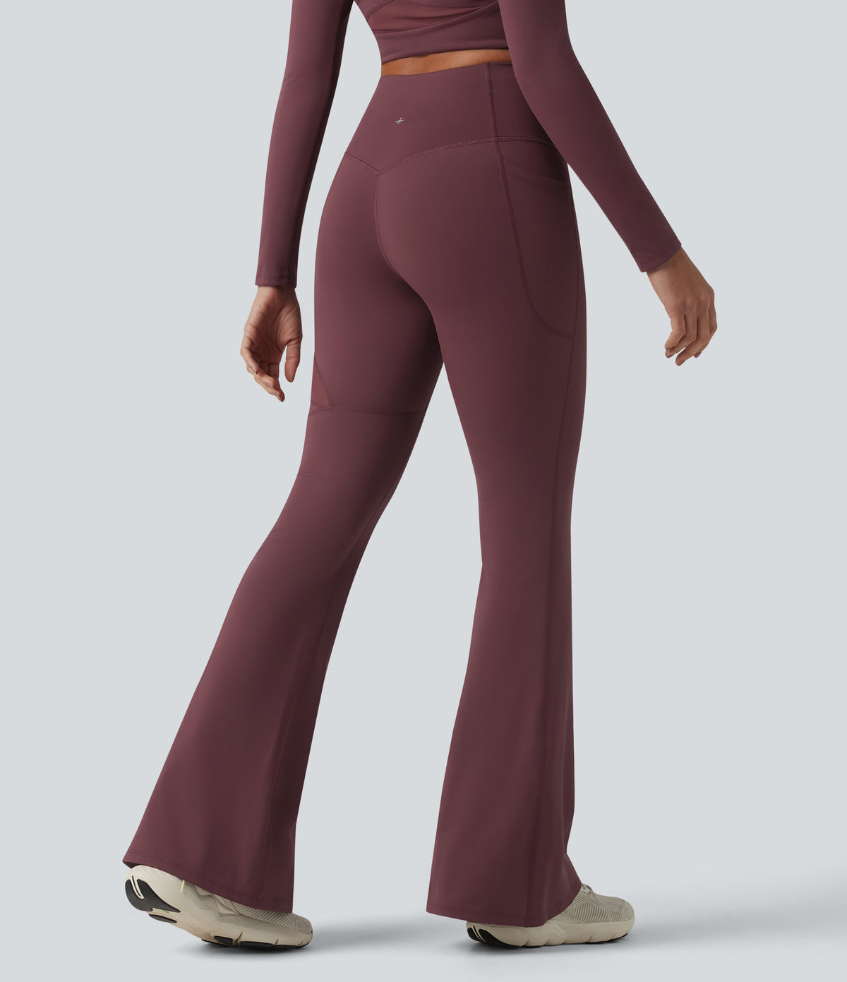 High Waisted Tummy Control Breathable Mesh Flare Casual Leggings with Pocket — Woo Plum Purple — view 2