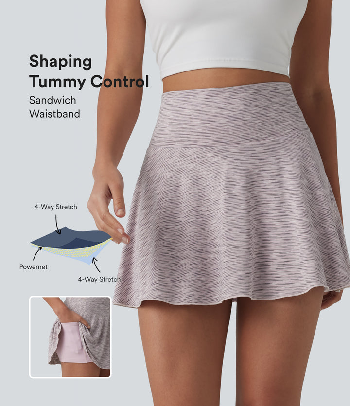 High Waisted Tummy Control 2-in-1 Stripe Mini Workout Skirt with Pockets — Mist Drift Stripe — view 1
