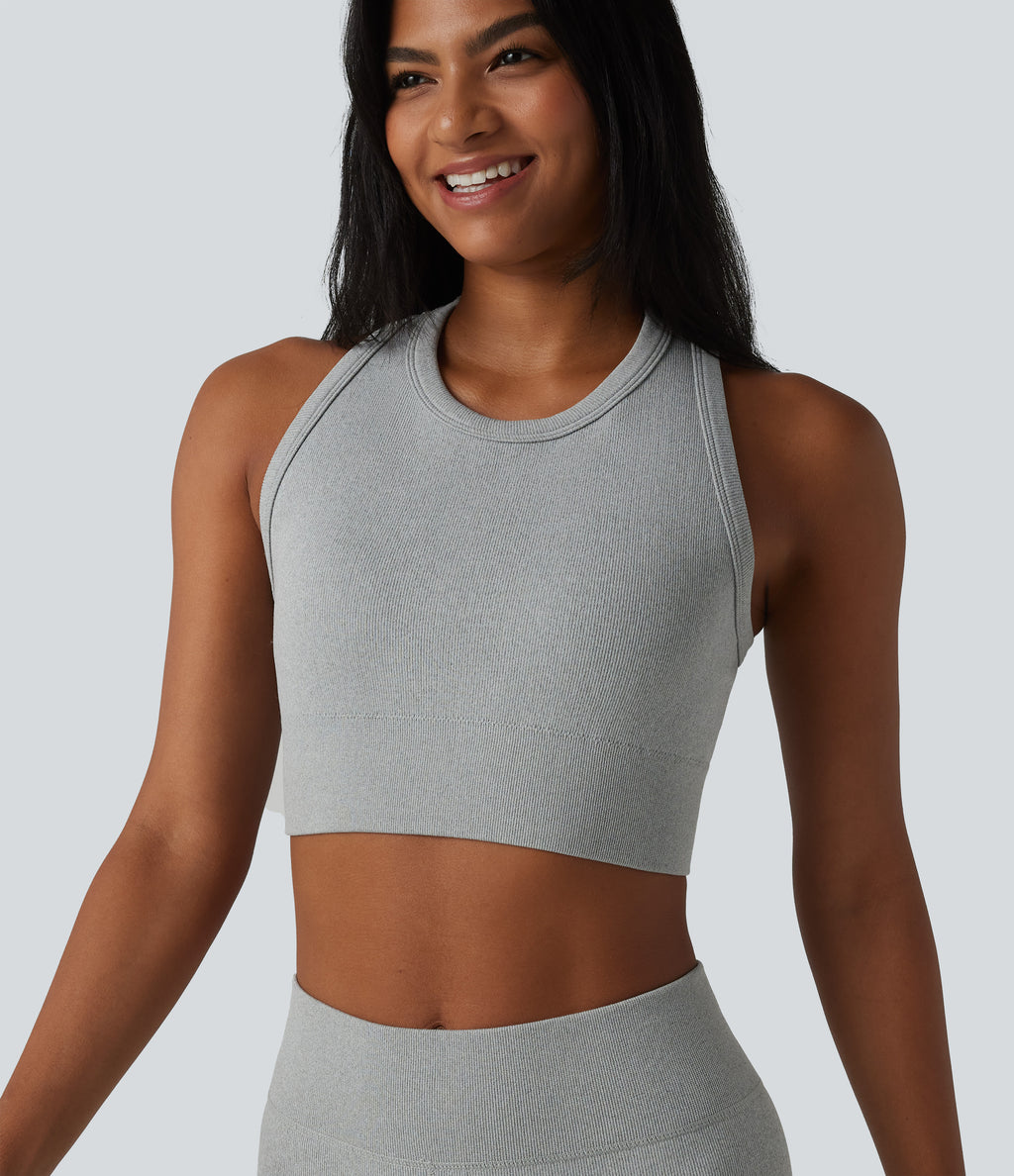 OneForm Seamless Flow Racerback Cropped Casual Tank Top — Fog Gray — view 6
