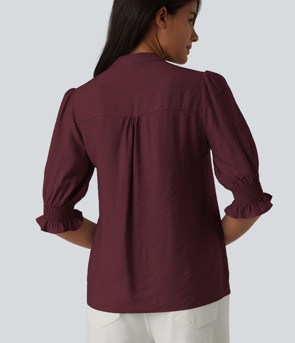 V Neck Puff Short Sleeve Casual Blouse — Wine Red — view 5