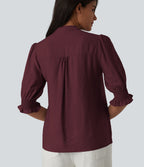 V Neck Puff Short Sleeve Casual Blouse — Wine Red — view 5