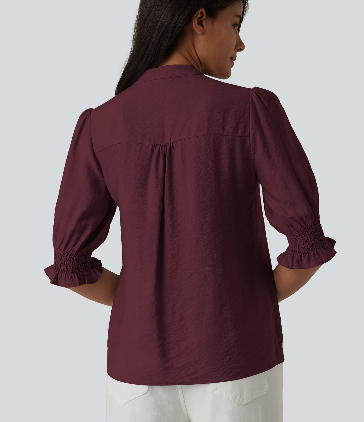 V Neck Puff Short Sleeve Casual Blouse — Wine Red — view 5