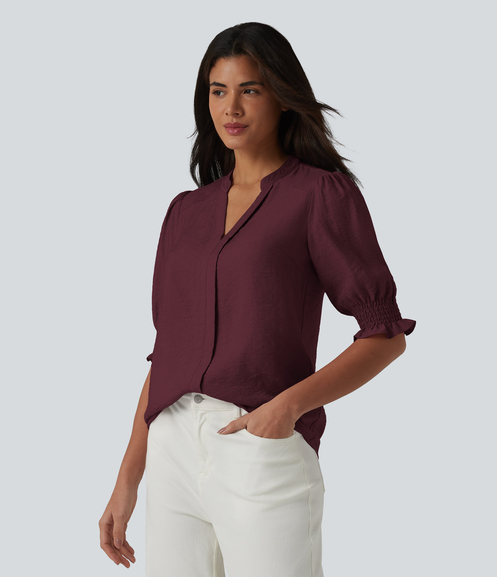 V Neck Puff Short Sleeve Casual Blouse — Wine Red — view 4