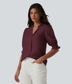 V Neck Puff Short Sleeve Casual Blouse — Wine Red — view 4