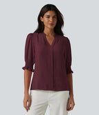 V Neck Puff Short Sleeve Casual Blouse — Wine Red — view 6