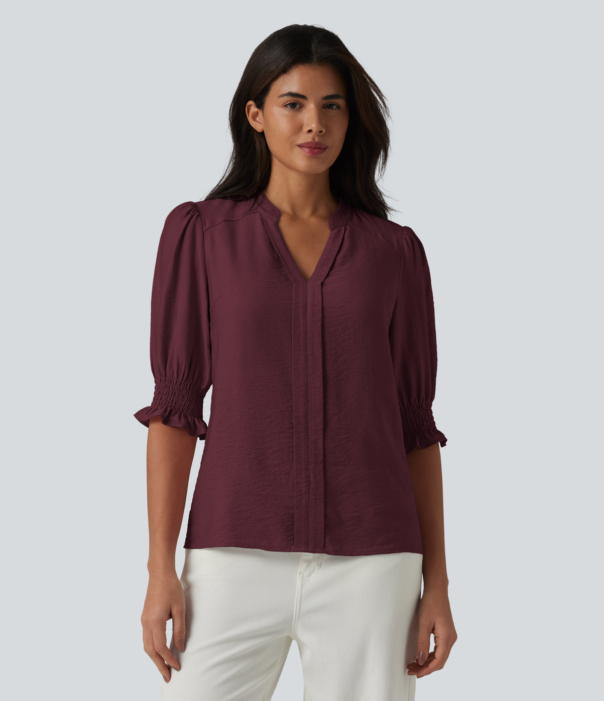 V Neck Puff Short Sleeve Casual Blouse — Wine Red — view 6