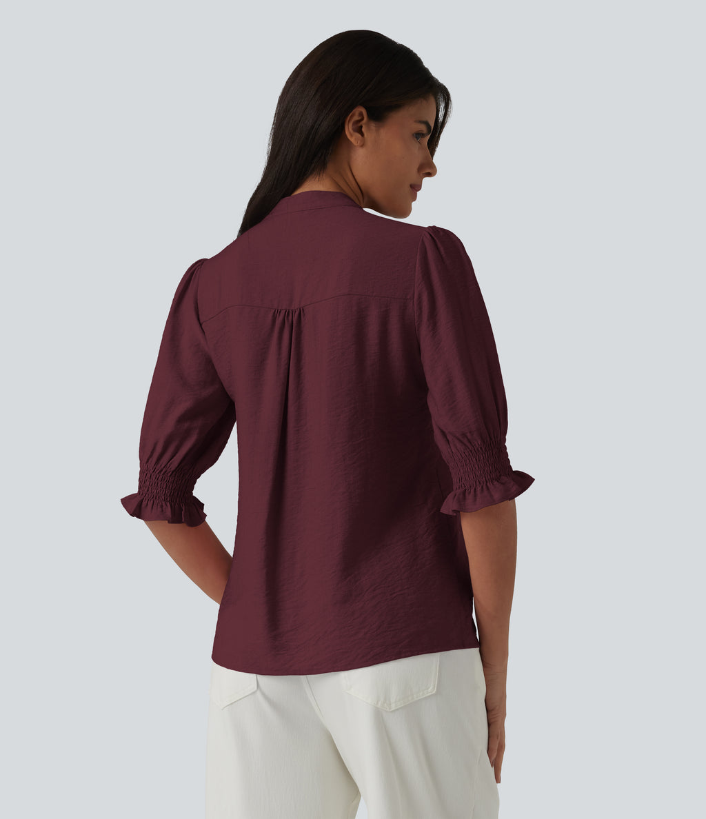 V Neck Puff Short Sleeve Casual Blouse — Wine Red — view 2