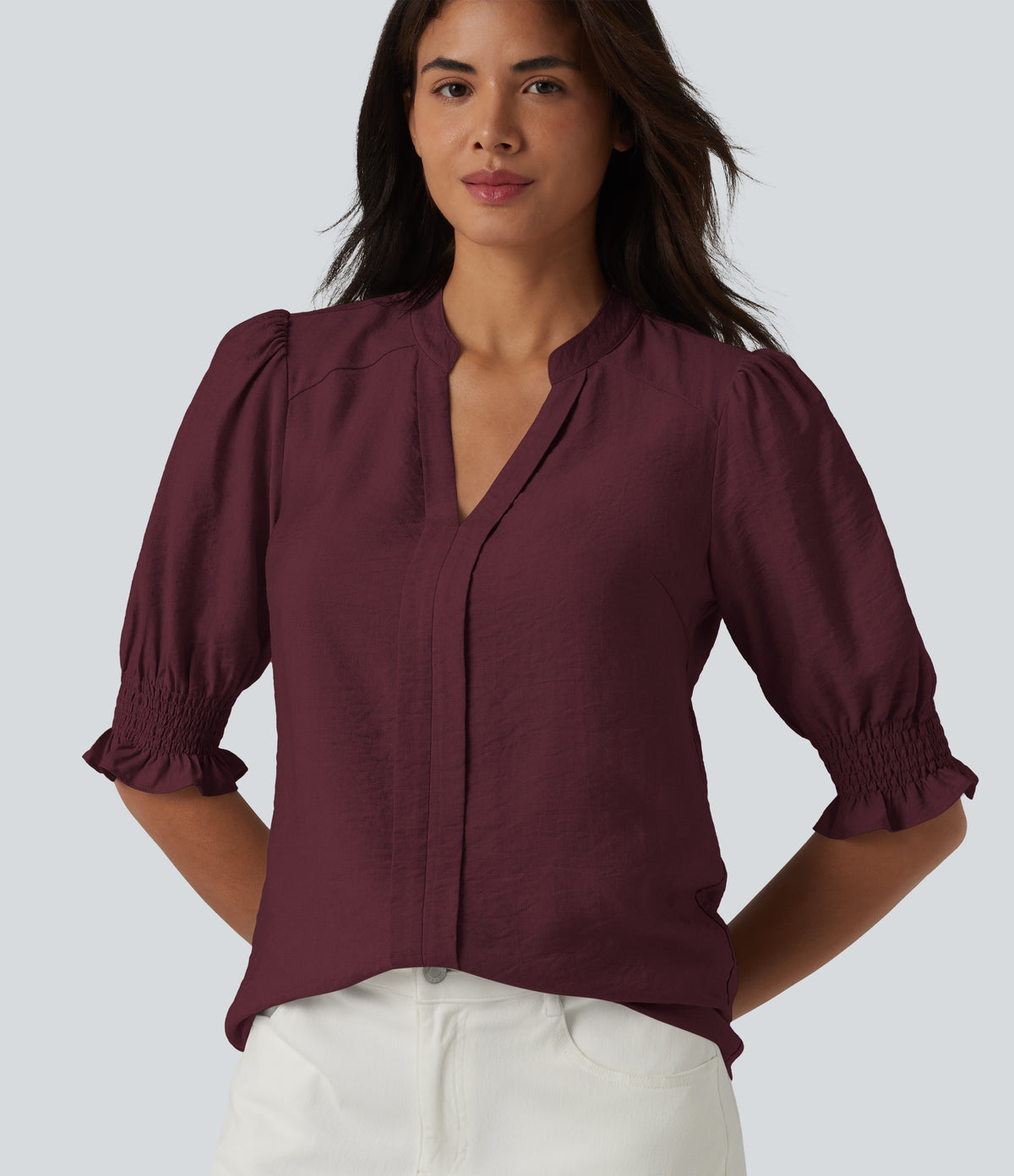 V Neck Puff Short Sleeve Casual Blouse — Wine Red — view 1