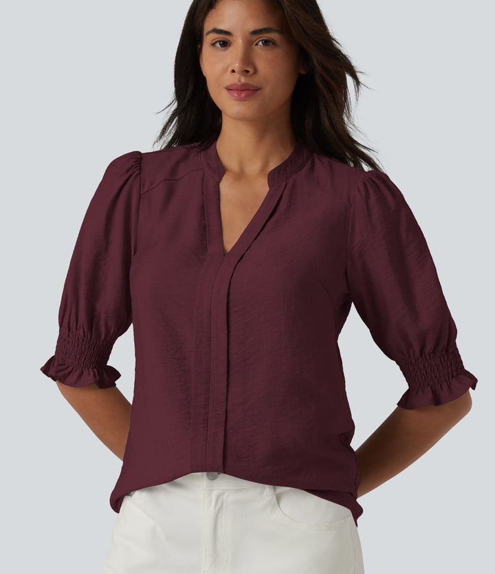 V Neck Puff Short Sleeve Casual Blouse — Wine Red — view 1