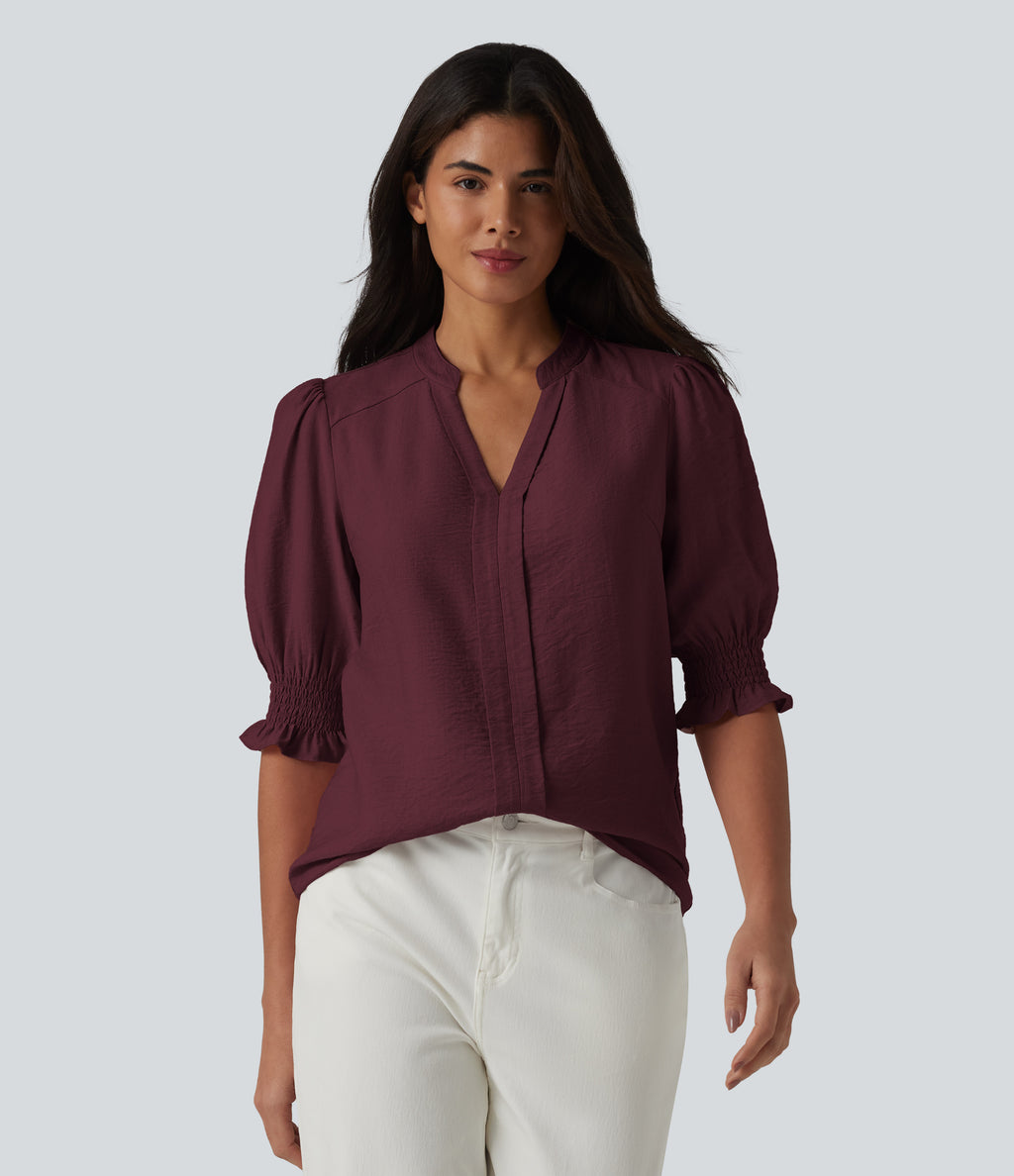 V Neck Puff Short Sleeve Casual Blouse — Wine Red — view 3