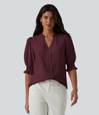 V Neck Puff Short Sleeve Casual Blouse — Wine Red — view 3