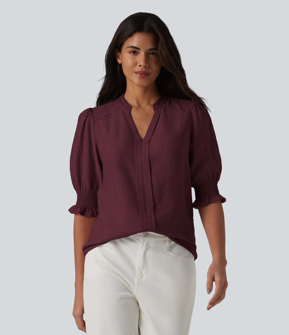 V Neck Puff Short Sleeve Casual Blouse — Wine Red — view 3