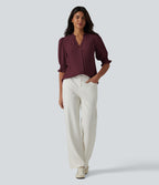 V Neck Puff Short Sleeve Casual Blouse — Wine Red — view 7
