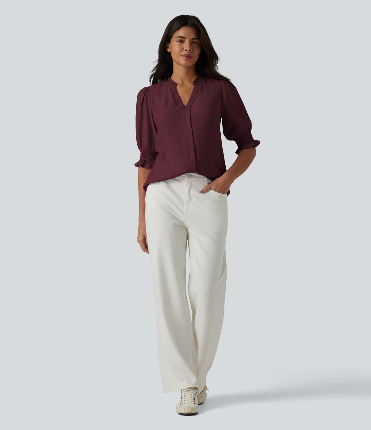 V Neck Puff Short Sleeve Casual Blouse — Wine Red — view 7