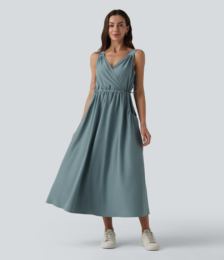 V Neck Sleeveless Midi Casual Dress with Pockets — Stone Blue — view 1