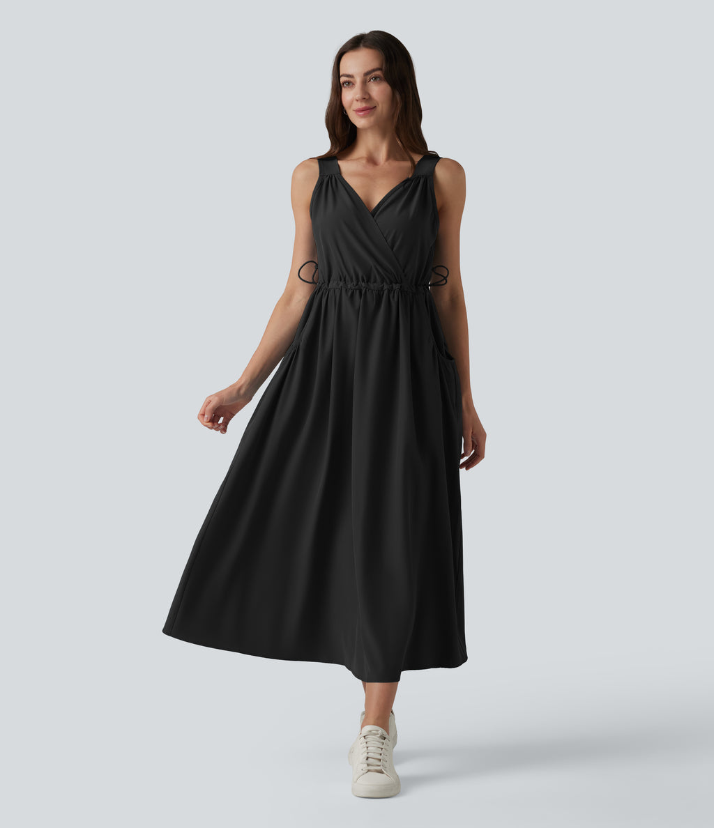 V Neck Sleeveless Midi Casual Dress with Pockets — Black — view 6