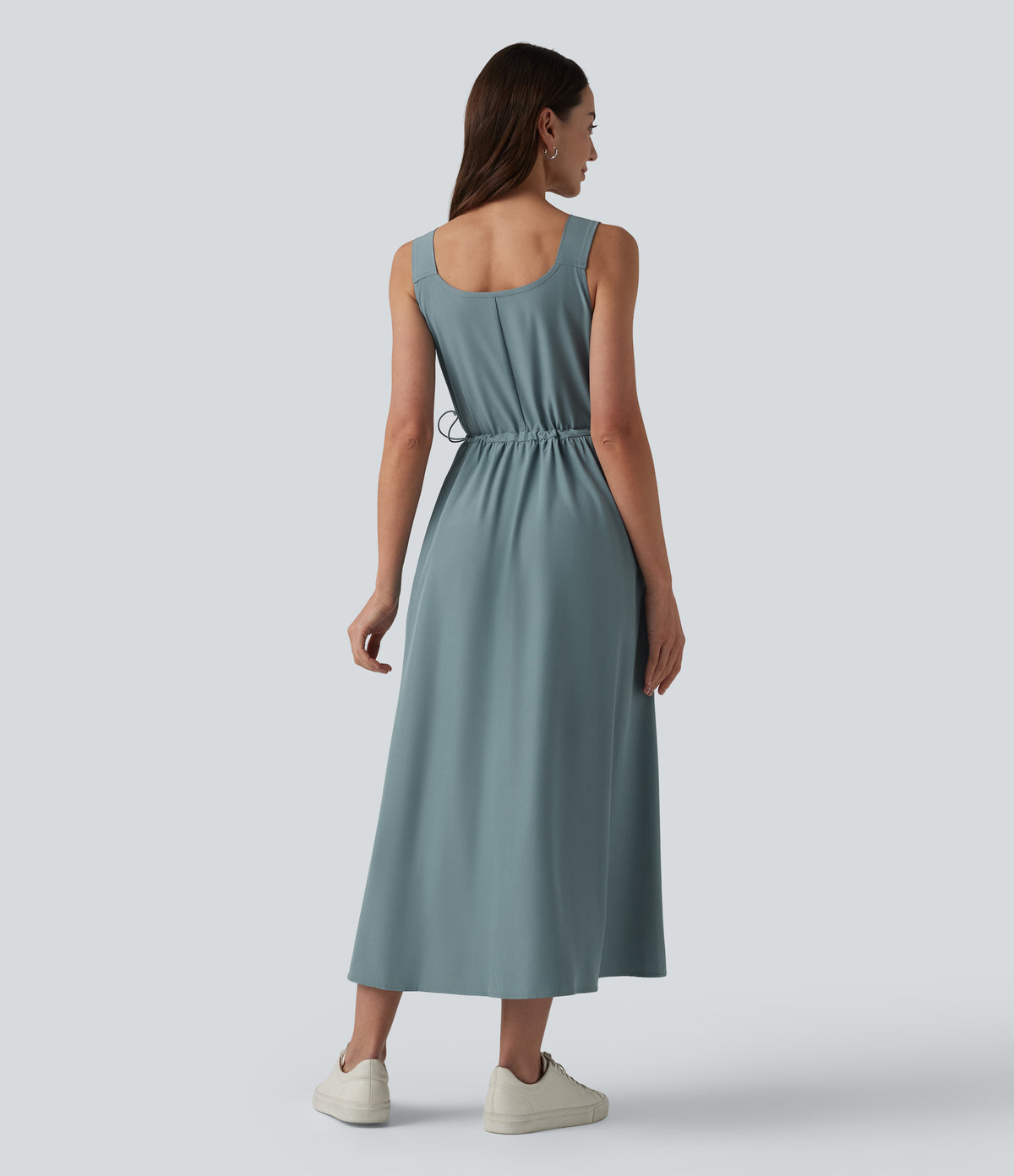 V Neck Sleeveless Midi Casual Dress with Pockets — Stone Blue — view 2