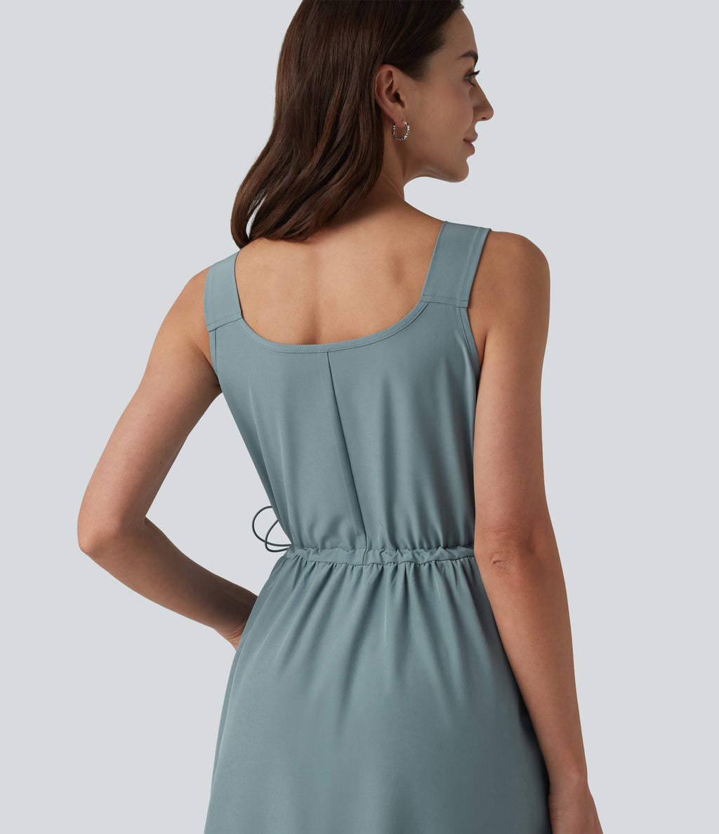 V Neck Sleeveless Midi Casual Dress with Pockets — Stone Blue — view 5