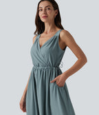 V Neck Sleeveless Midi Casual Dress with Pockets — Stone Blue — view 4