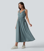 V Neck Sleeveless Midi Casual Dress with Pockets — Stone Blue — view 3