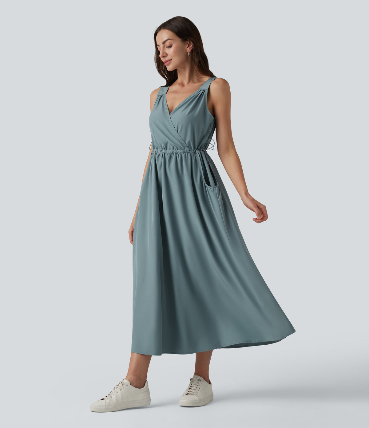 V Neck Sleeveless Midi Casual Dress with Pockets — Stone Blue — view 3