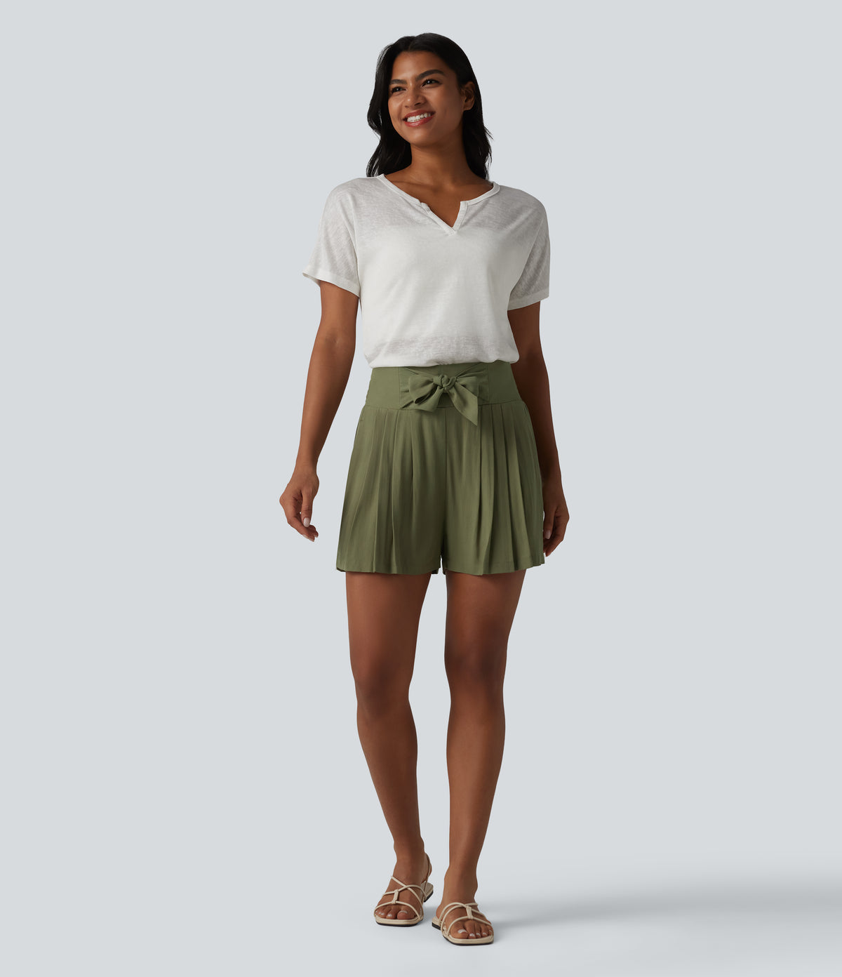 High Waisted Tie Front Shirred Pleated Casual Linen-Feel Shorts with Pockets — Mosstone — view 6
