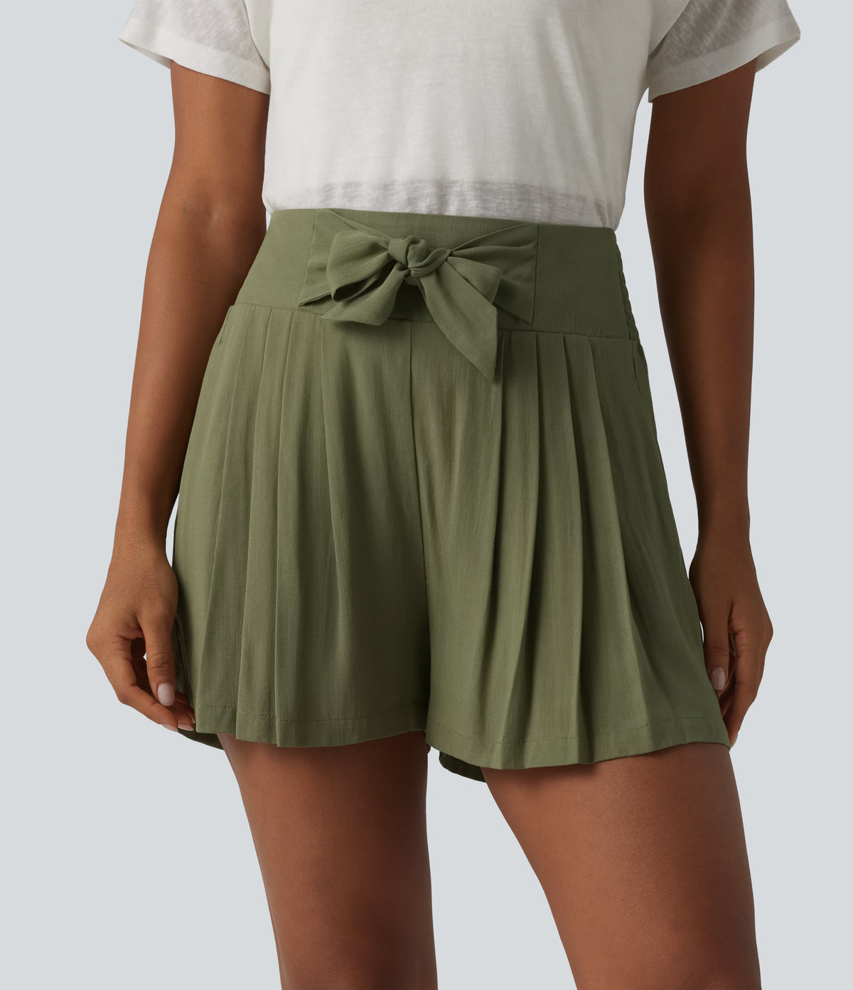 High Waisted Tie Front Shirred Pleated Casual Linen-Feel Shorts with Pockets — Mosstone — view 1