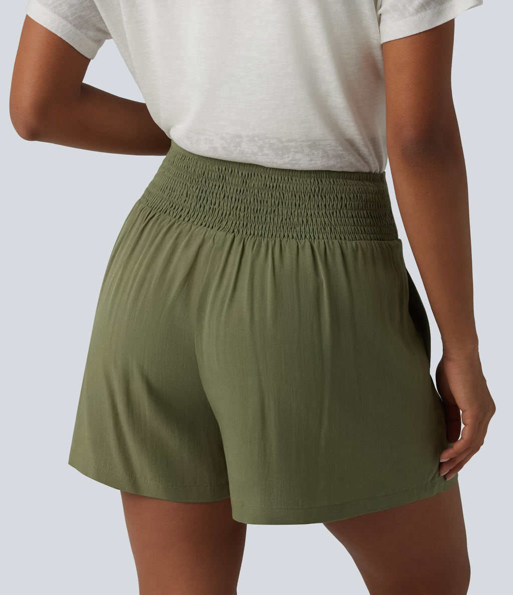 High Waisted Tie Front Shirred Pleated Casual Linen-Feel Shorts with Pockets — Mosstone — view 5