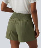 High Waisted Tie Front Shirred Pleated Casual Linen-Feel Shorts with Pockets — Mosstone — view 5