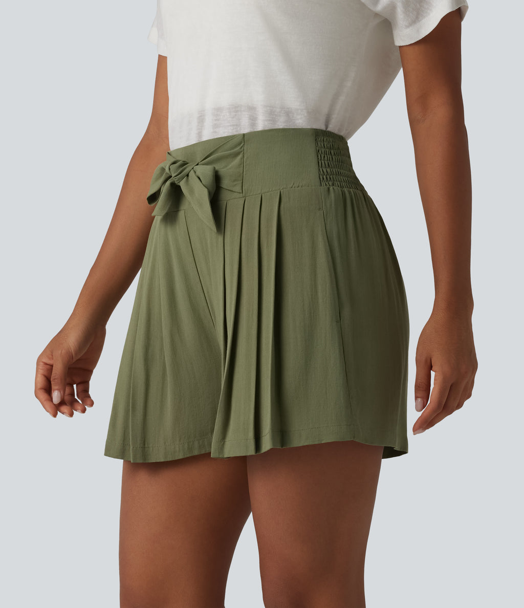 High Waisted Tie Front Shirred Pleated Casual Linen-Feel Shorts with Pockets — Mosstone — view 3