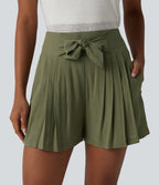 High Waisted Tie Front Shirred Pleated Casual Linen-Feel Shorts with Pockets — Mosstone — view 4