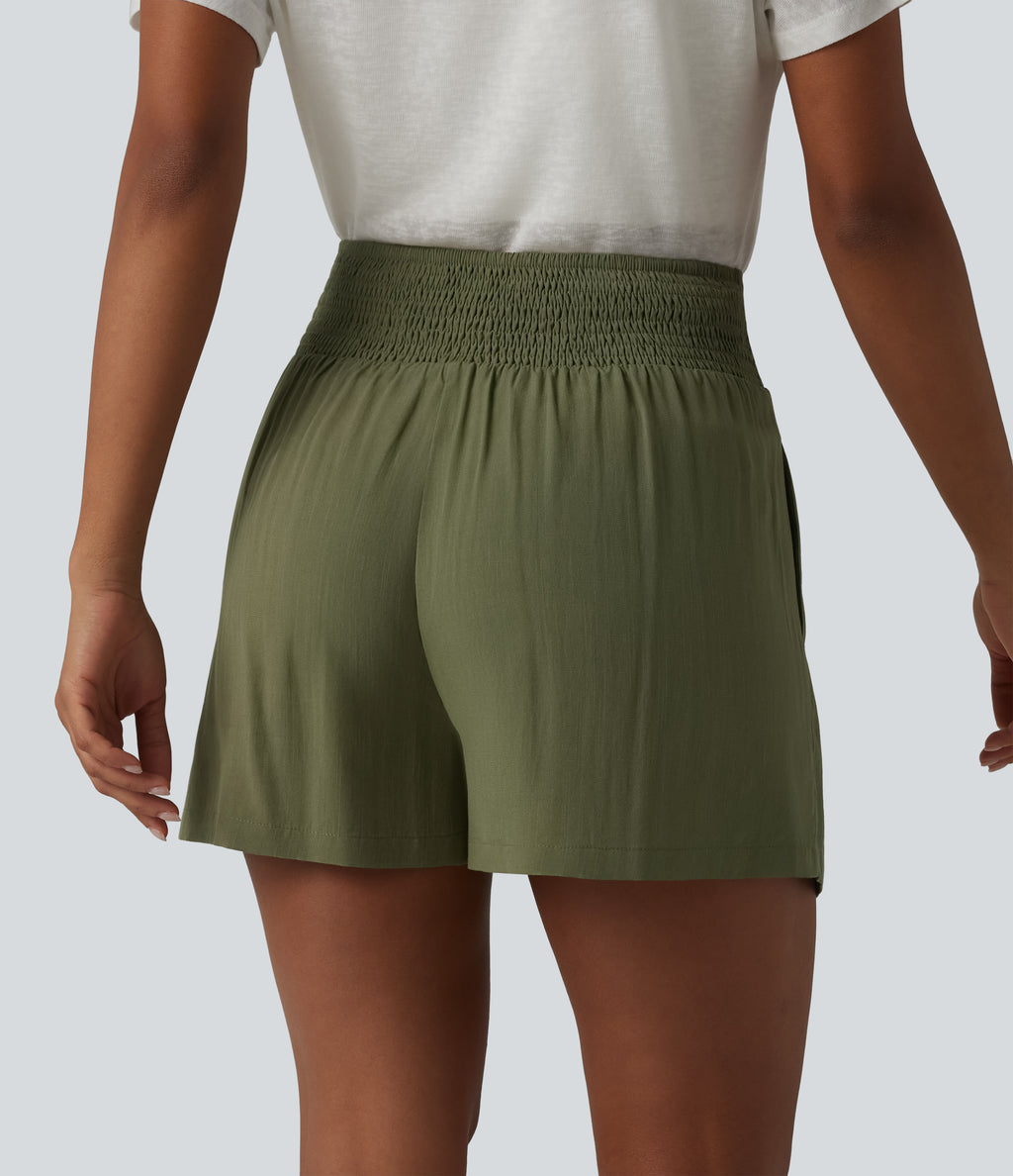 High Waisted Tie Front Shirred Pleated Casual Linen-Feel Shorts with Pockets — Mosstone — view 2