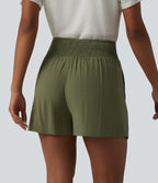 High Waisted Tie Front Shirred Pleated Casual Linen-Feel Shorts with Pockets — Mosstone — view 2