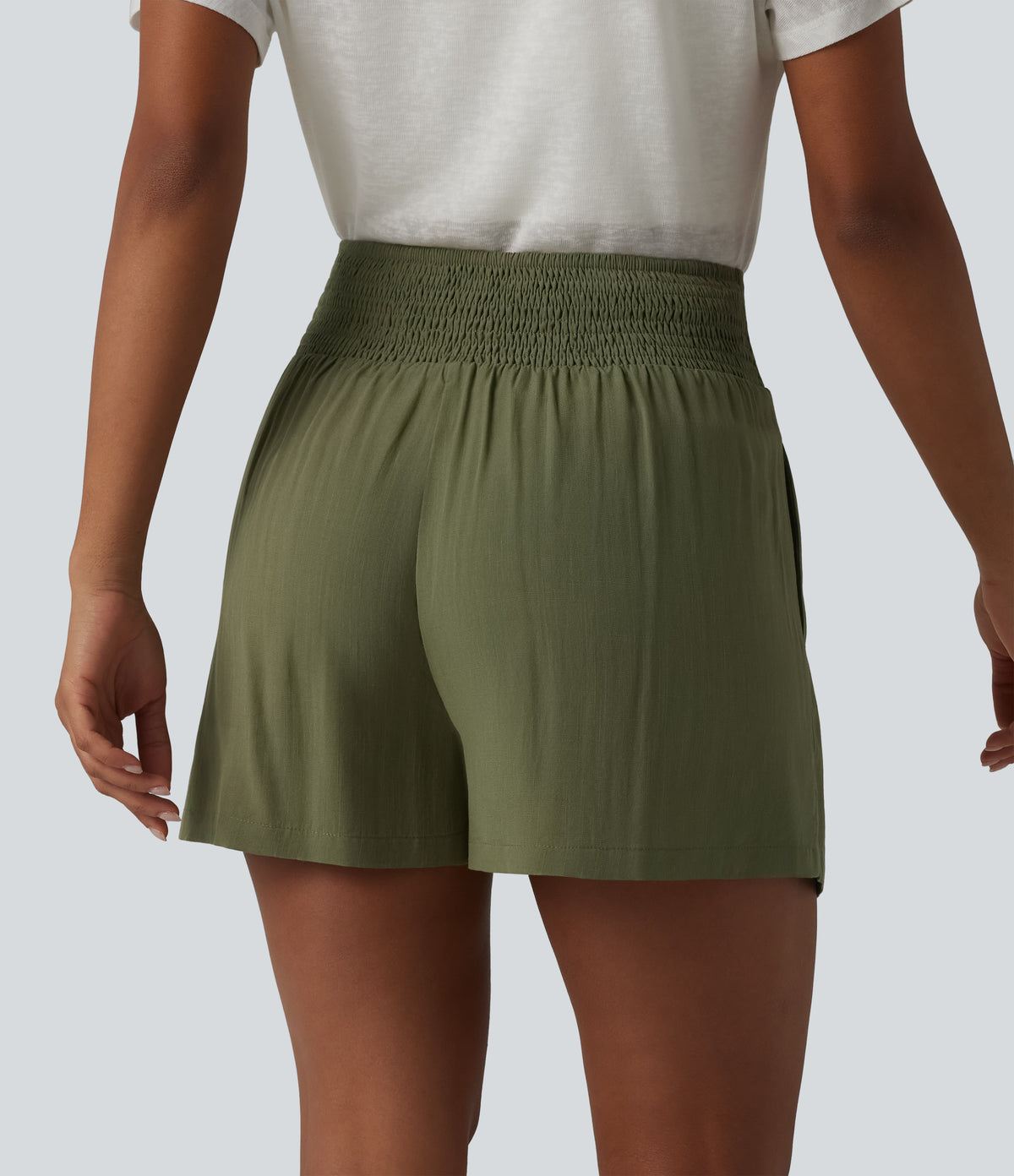 High Waisted Tie Front Shirred Pleated Casual Linen-Feel Shorts with Pockets — Mosstone — view 2