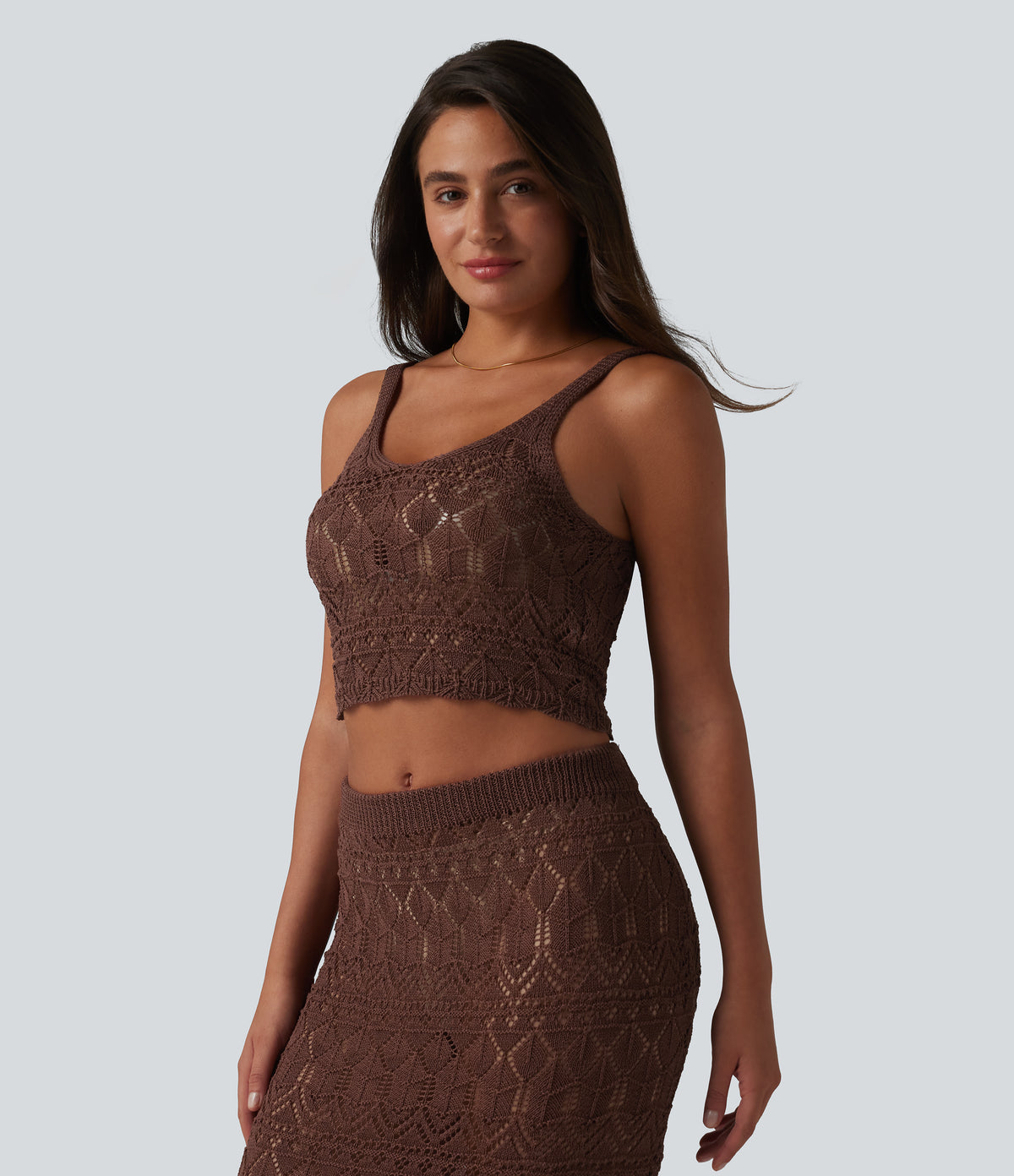 Open Knit Cropped Jumper Tank Top — Bitter Chocolate — view 4