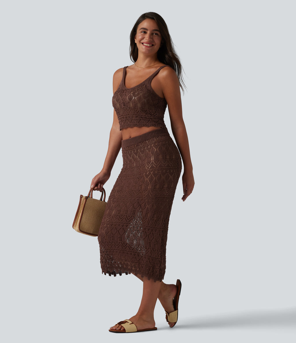 Open Knit Cropped Jumper Tank Top — Bitter Chocolate — view 5