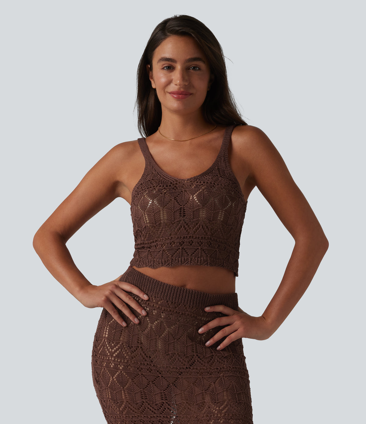 Open Knit Cropped Jumper Tank Top — Bitter Chocolate — view 3