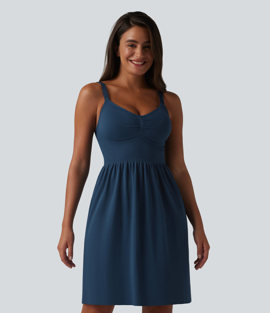 OneForm Seamless Flow Deep V-neck Sleeveless Ruched Built-in Bra Mini Casual Dress — Navy Blazer — view 1