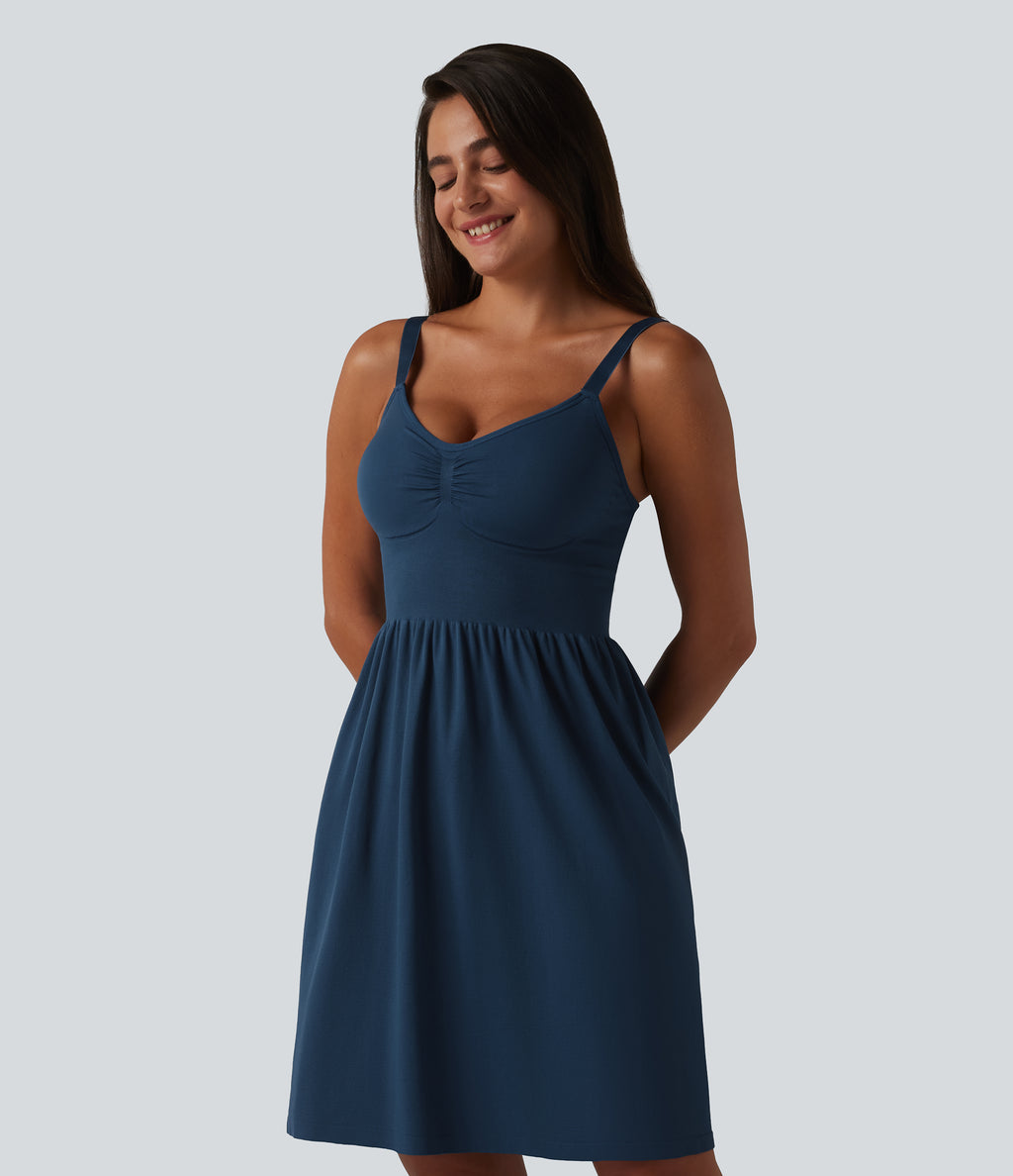 OneForm Seamless Flow Deep V-neck Sleeveless Ruched Built-in Bra Mini Casual Dress — Navy Blazer — view 3