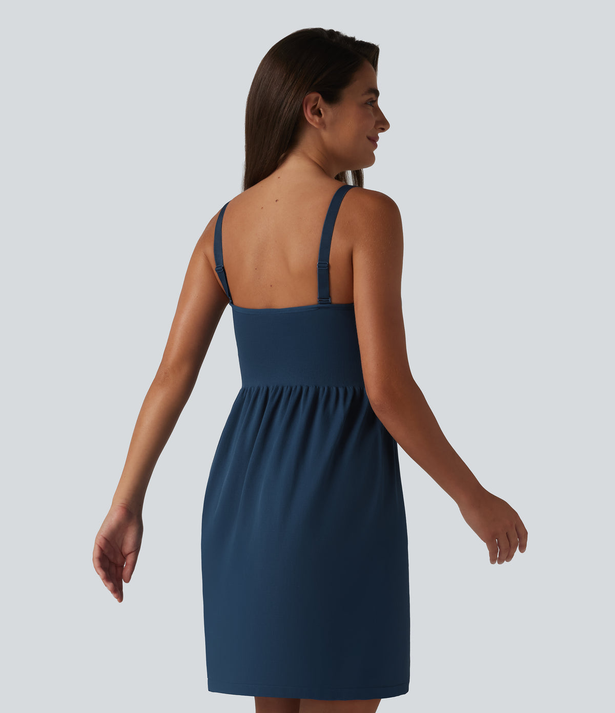 OneForm Seamless Flow Deep V-neck Sleeveless Ruched Built-in Bra Mini Casual Dress — Navy Blazer — view 2