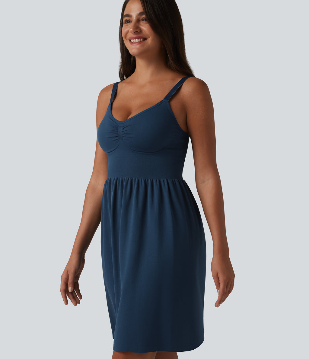 OneForm Seamless Flow Deep V-neck Sleeveless Ruched Built-in Bra Mini Casual Dress — Navy Blazer — view 6