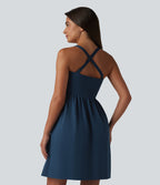 OneForm Seamless Flow Deep V-neck Sleeveless Ruched Built-in Bra Mini Casual Dress — Navy Blazer — view 4