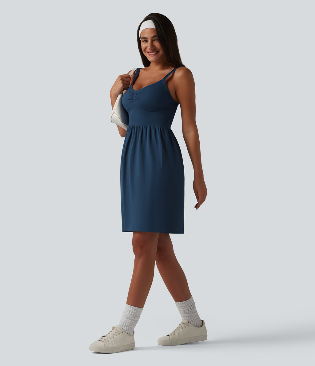 OneForm Seamless Flow Deep V-neck Sleeveless Ruched Built-in Bra Mini Casual Dress — Navy Blazer — view 7
