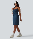 OneForm Seamless Flow Deep V-neck Sleeveless Ruched Built-in Bra Mini Casual Dress — Navy Blazer — view 7