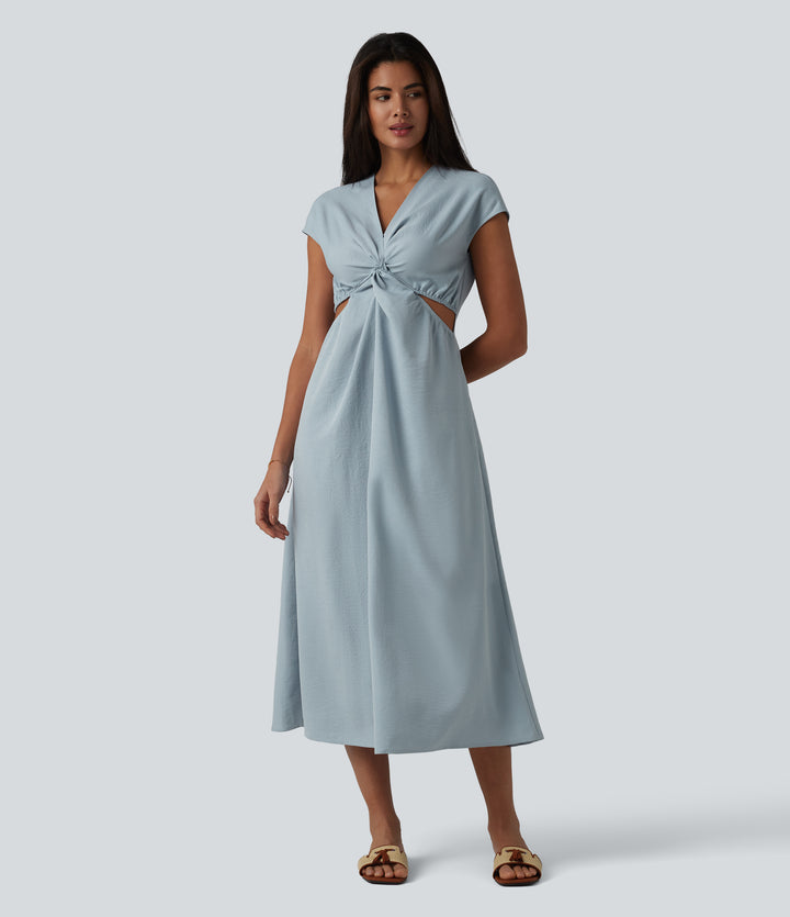 V-neck Short Sleeve Twisted Cut-out Invisible Zipper Midi Resort Dress with Pockets — Ice Blue — view 1