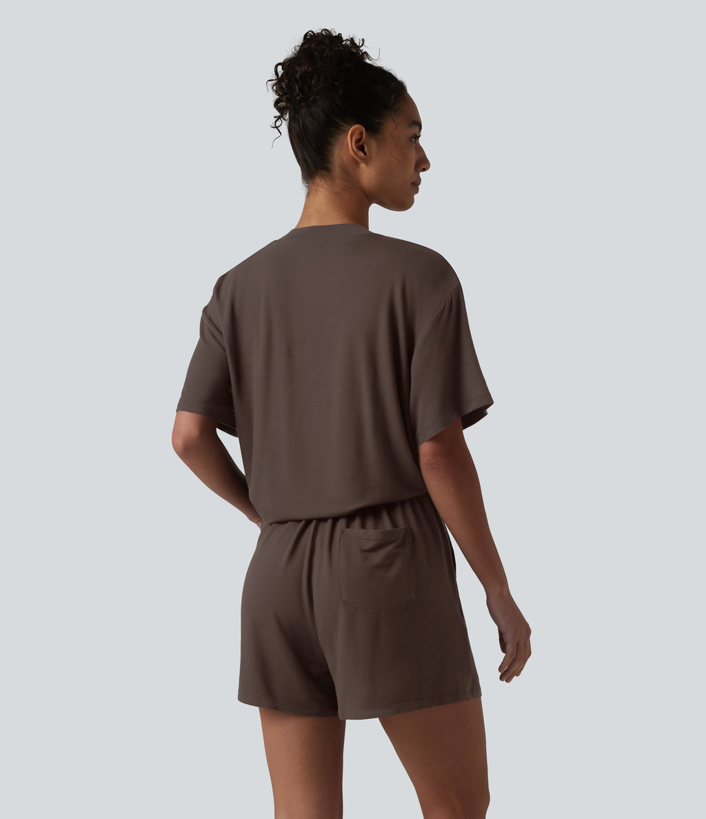 Henley Short Sleeve Casual Playsuit with Pockets — Chocolate Brown — view 2