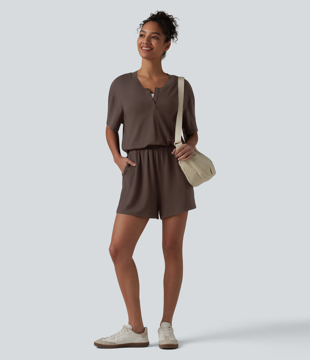 Henley Short Sleeve Casual Playsuit with Pockets — Chocolate Brown — view 7