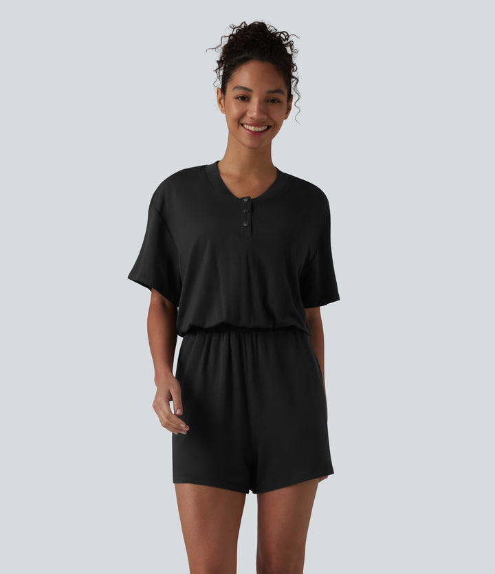 Henley Short Sleeve Casual Playsuit with Pockets — Black — view 8
