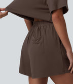 Henley Short Sleeve Casual Playsuit with Pockets — Chocolate Brown — view 4