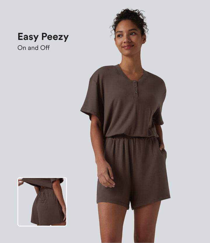 Henley Short Sleeve Casual Playsuit with Pockets — Chocolate Brown — view 1